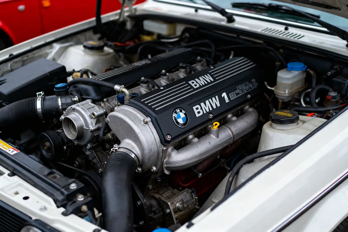 Moteur BMW série 1, compartiment moteur voiture blanche, vue rapprochée, voiture rouge en arrière-plan.