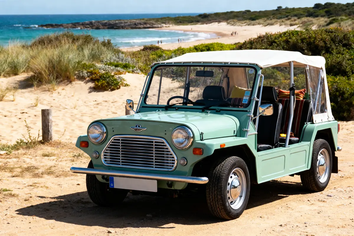 Voiture décapotable verte stationnée sur plage de sable, avec mer et végétation en arrière-plan.