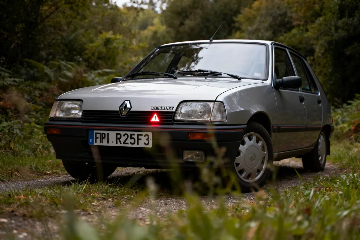 Voiture Renault argentée sur chemin forestier, feux de détresse allumés, immatriculation visible, entourée de verdure.