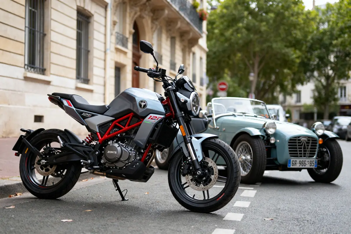 Moto moderne grise stationnée devant une voiture classique verte sur une rue urbaine, bâtiments historiques en arrière-plan.