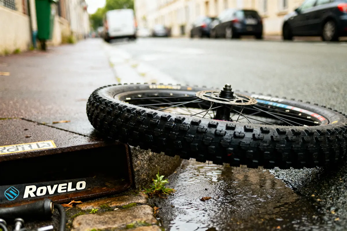 Roue de vélo abandonnée sur un trottoir mouillé près d'une bouche d'égout sous la pluie.
