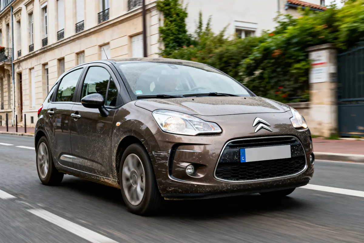Voiture Citroën C3 marron roulant sur une rue bordée de bâtiments résidentiels.