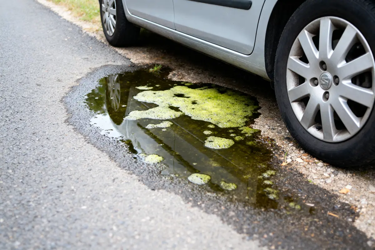Fuite d'huile verte sous une voiture garée, formant une flaque sur l'asphalte.