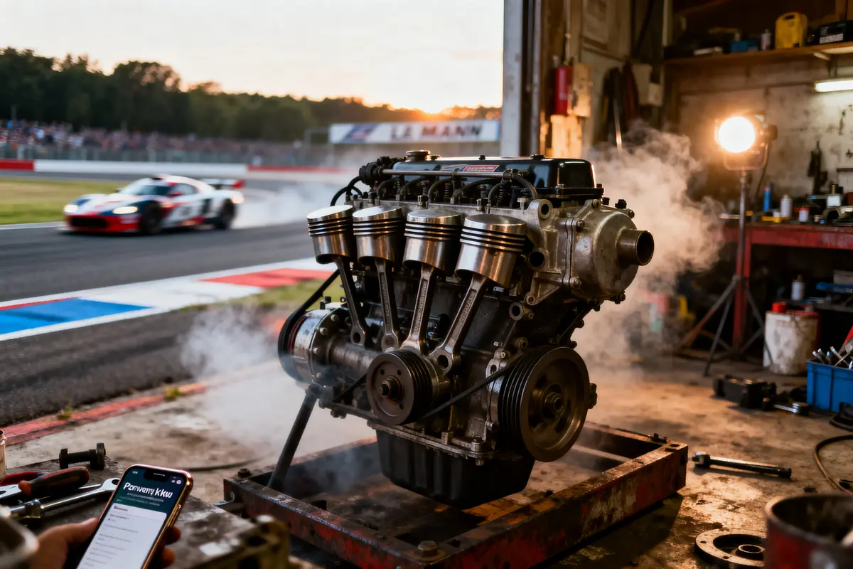 Gros plan sur moteur avec voiture de course en arrière-plan au circuit Le Mans, atelier en fond.