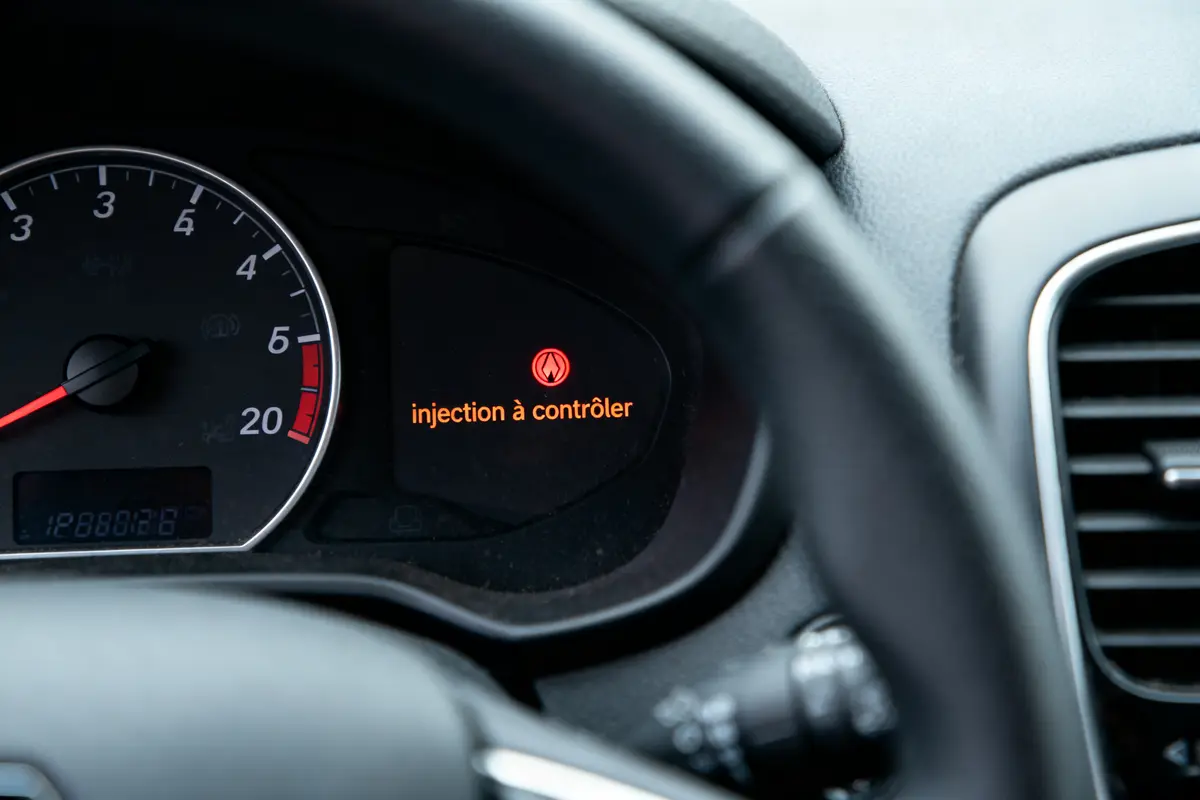 Tableau de bord de voiture avec message "injection à contrôler" allumé en orange.