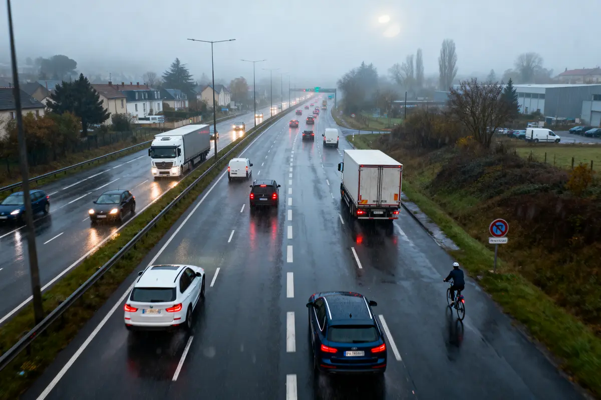 Route pluvieuse avec voitures, camions et cycliste, ciel gris, maisons à gauche, panneau interdiction piétons.