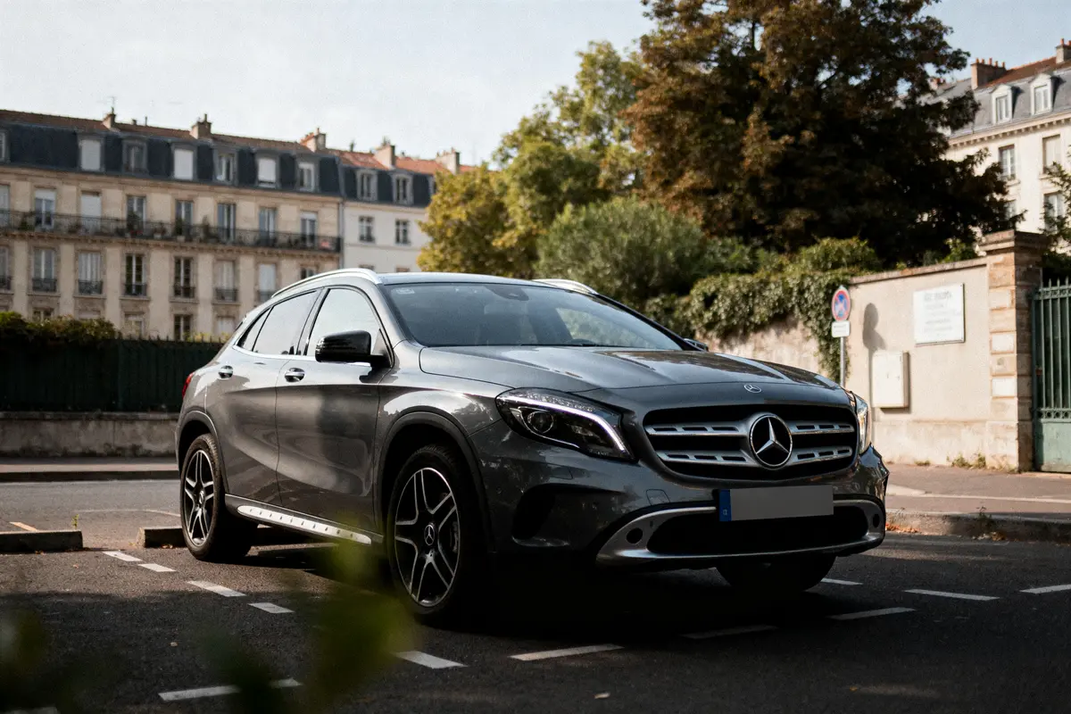 Voiture Mercedes grise garée dans une rue parisienne, bâtiments et arbre en arrière-plan.