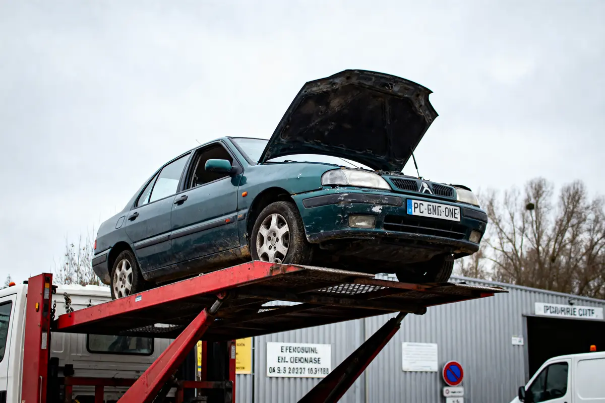 Voiture bleue sur un plateau élévateur, capot ouvert, ciel nuageux, bâtiment industriel en arrière-plan.