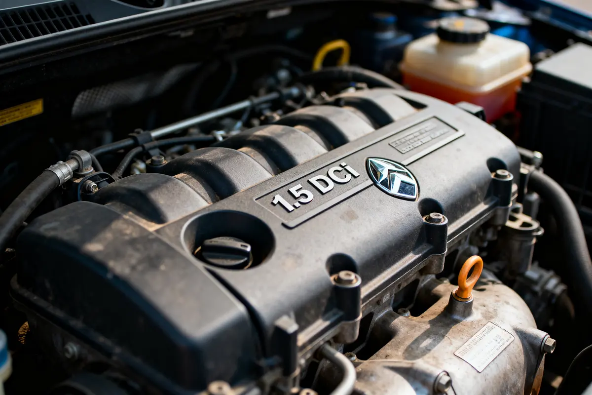 Moteur de voiture diesel 1.5 DCI sous capot, composantes visibles, logo étoile.