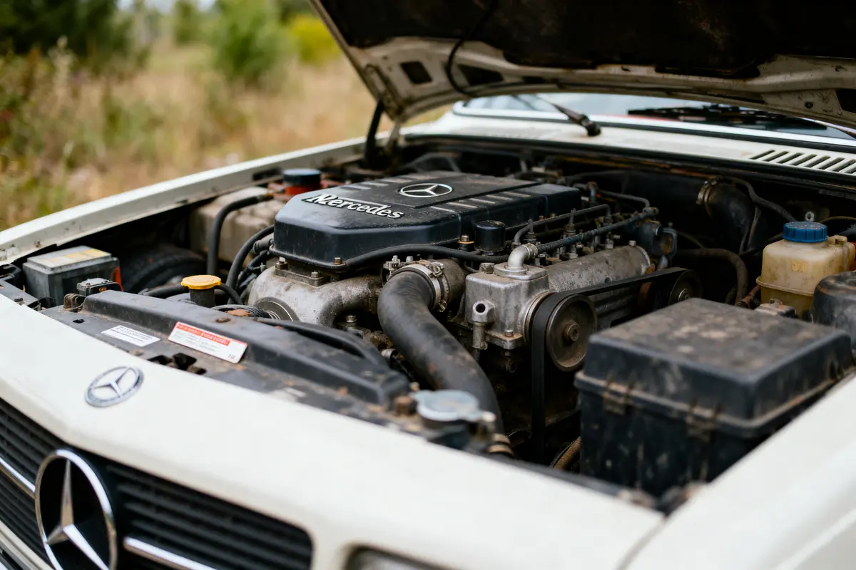 Compartiment moteur d'une voiture Mercedes, capot ouvert, montrant des composants mécaniques et le logo Mercedes.