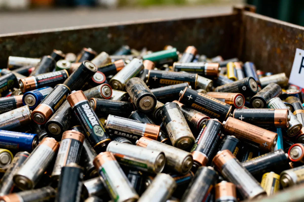 Tas de piles usagées dans un conteneur pour recyclage, plusieurs marques et tailles visibles.