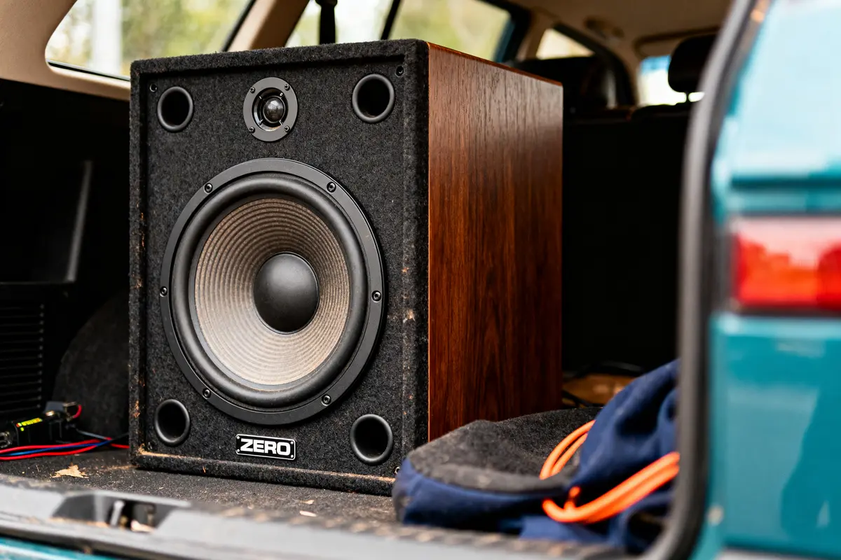 Enceinte en bois positionnée dans le coffre d'une voiture, étiquette "ZERO" visible.
