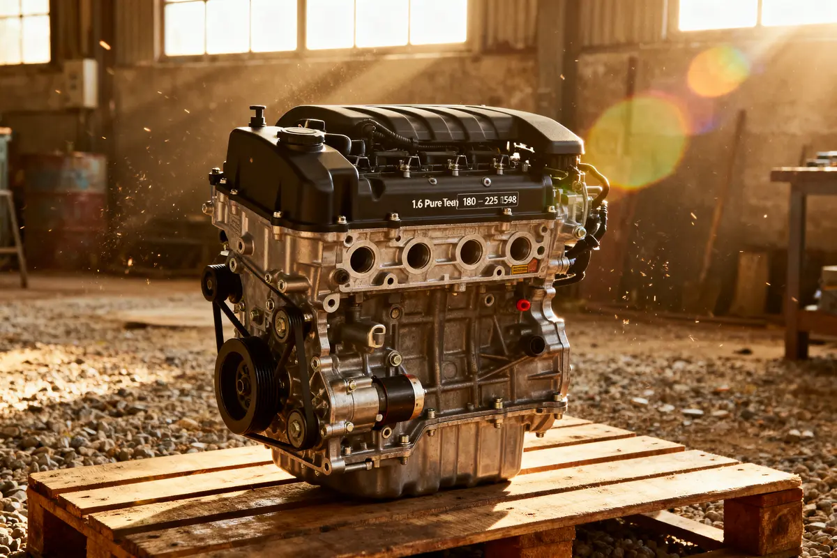 Moteur 1.6 PureTech exposé sur palette en bois, éclairage en atelier industriel.