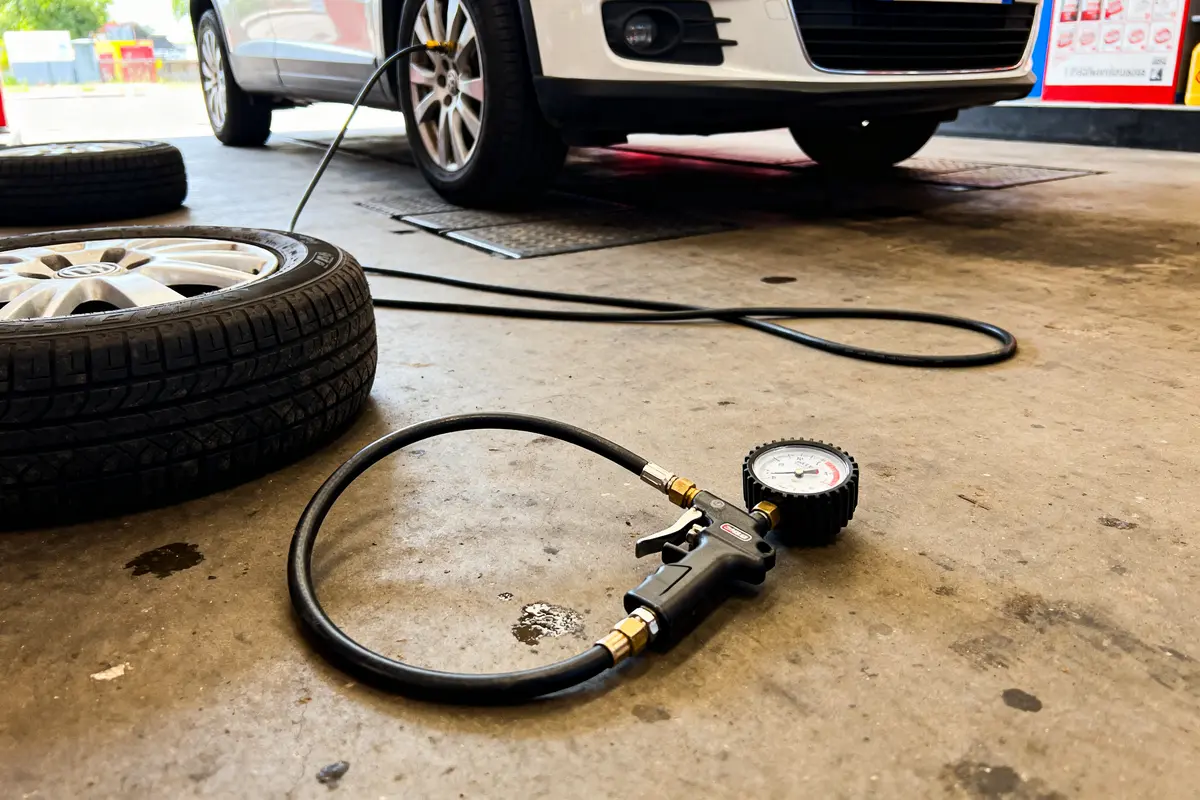 Pneus de voiture et manomètre dans un garage, sol en béton, tuyaux noirs.
