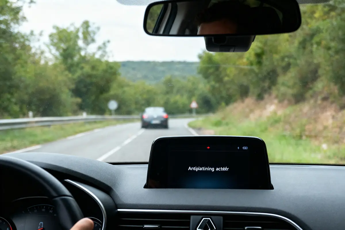 Conduite sur route bordée d'arbres, écran affichant "Antiplatinning actéér", vue depuis l'intérieur de la voiture.
