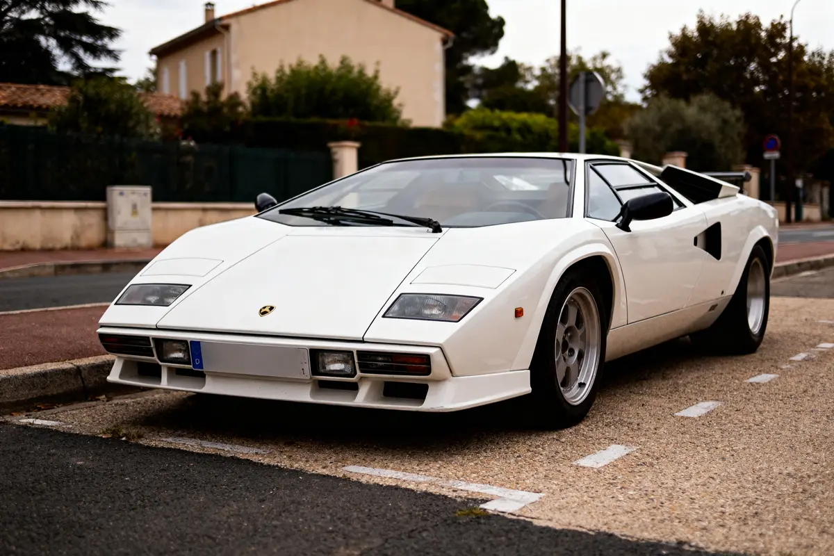 Voiture de sport blanche stationnée dans une rue résidentielle, maison en arrière-plan.