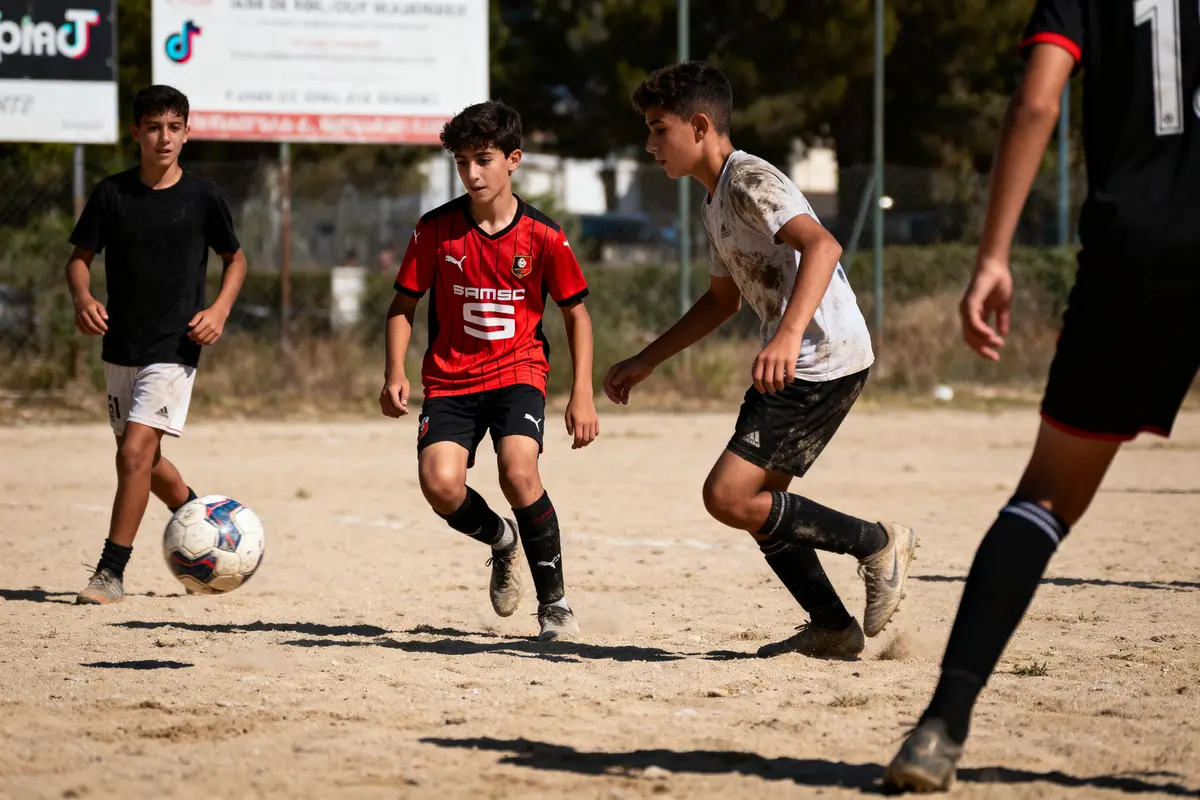 Quatre jeunes garçons jouent au football sur un terrain en terre battue, sous un ciel dégagé.