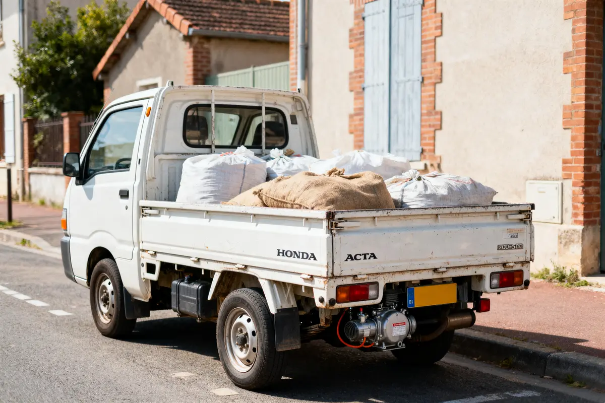 Camionnette blanche Honda ACTA chargée de sacs, garée devant un bâtiment en brique.