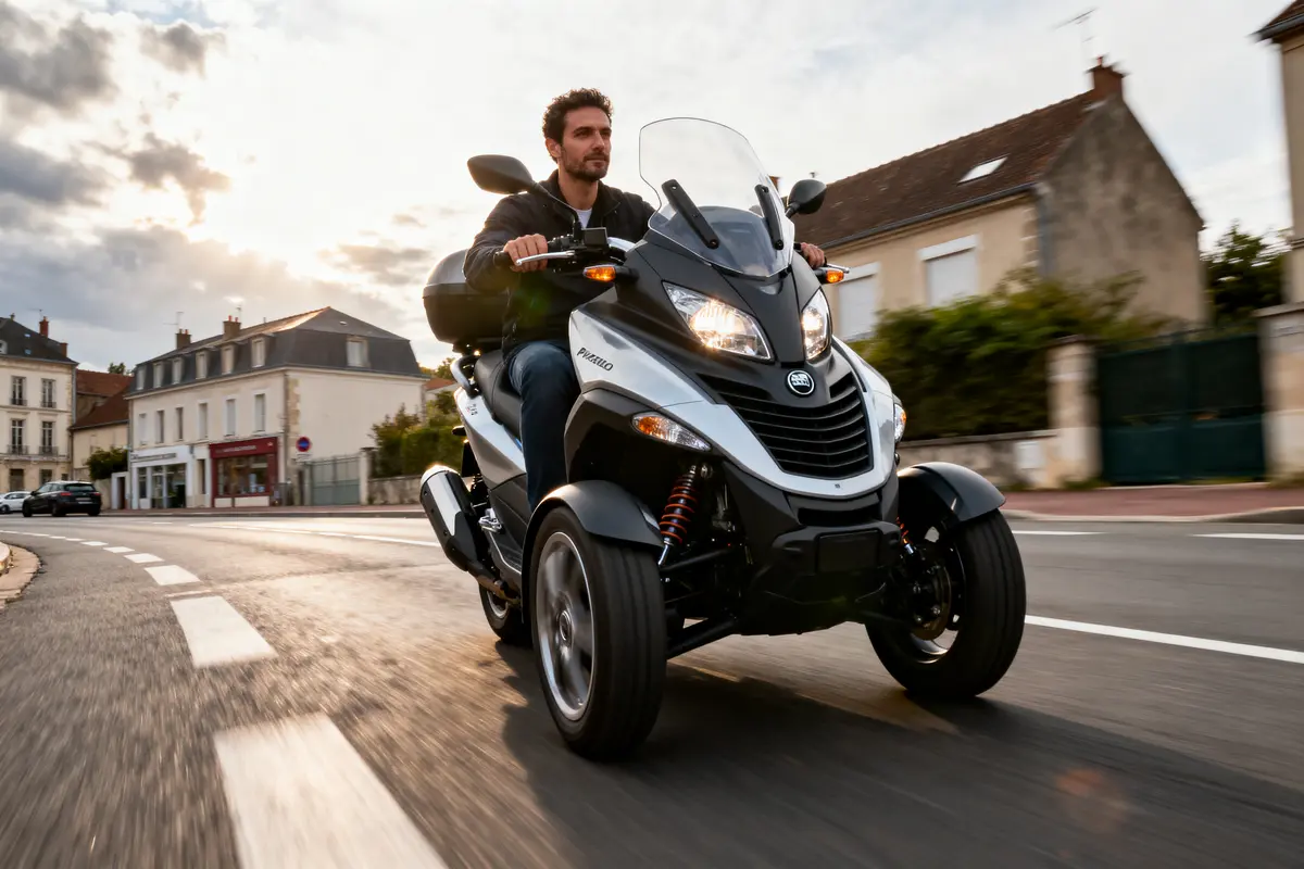 Homme conduisant un scooter trois roues Piaggio sur une route en ville, maisons en arrière-plan, ciel nuageux.