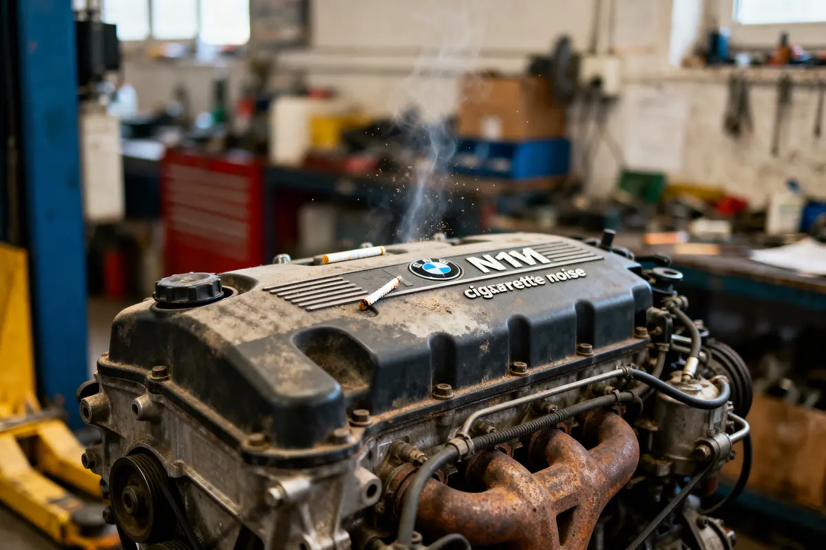 Moteur BMW sale avec mégots de cigarette, texte "cigarette noise", dans un atelier mécanique.