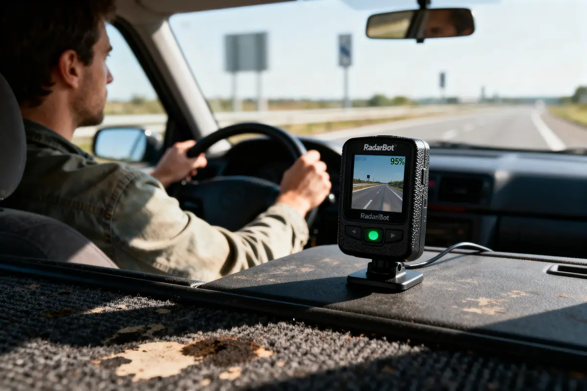 Conducteur sur autoroute, tableau de bord avec dispositif RadarBot affichant 95% de signal.