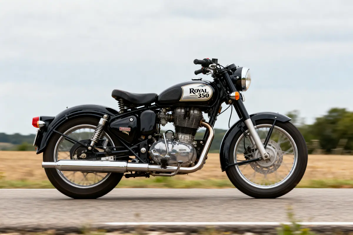 Moto Royal Enfield 350 noire sur route, paysage de campagne en arrière-plan, ciel nuageux.