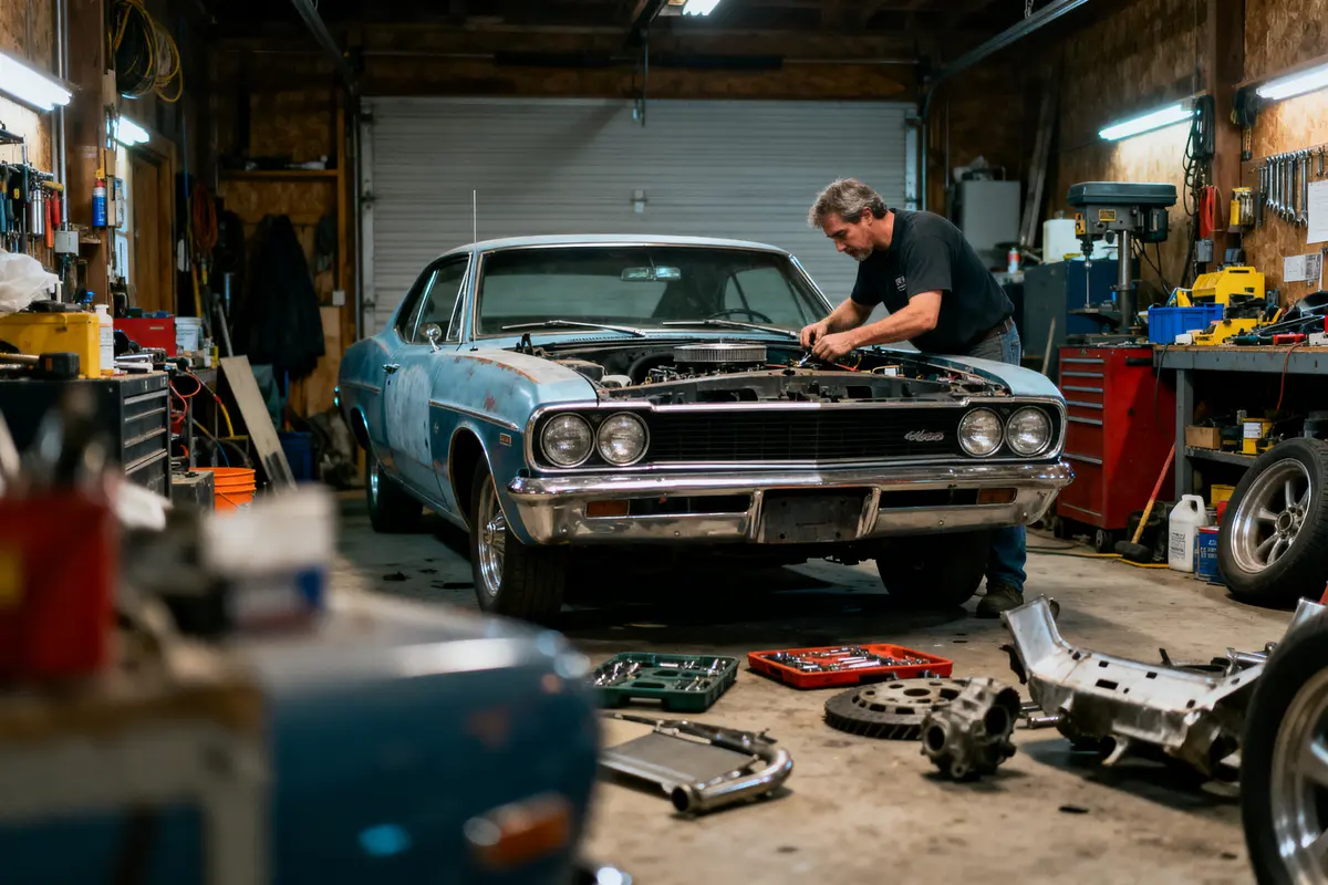 Homme réparant une voiture classique dans un garage avec outils éparpillés autour de lui.