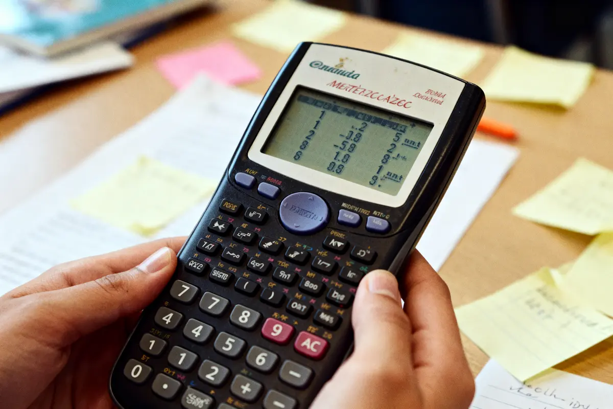 Personne utilisant une calculatrice scientifique avec écran affichant des données, post-its et documents en arrière-plan.