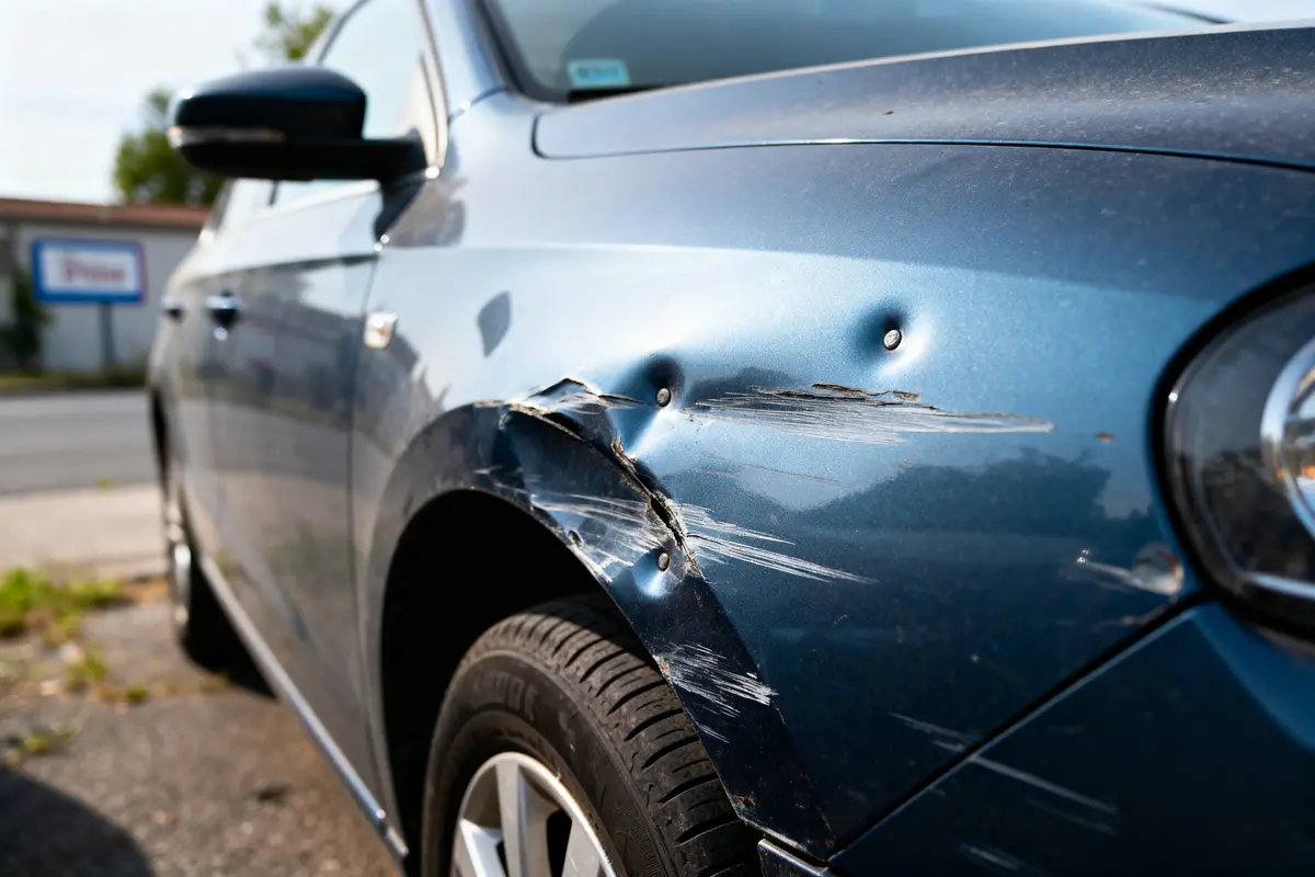 Voiture bleue avec dégâts sur l'aile avant, éraflures et bosses visibles, en extérieur.
