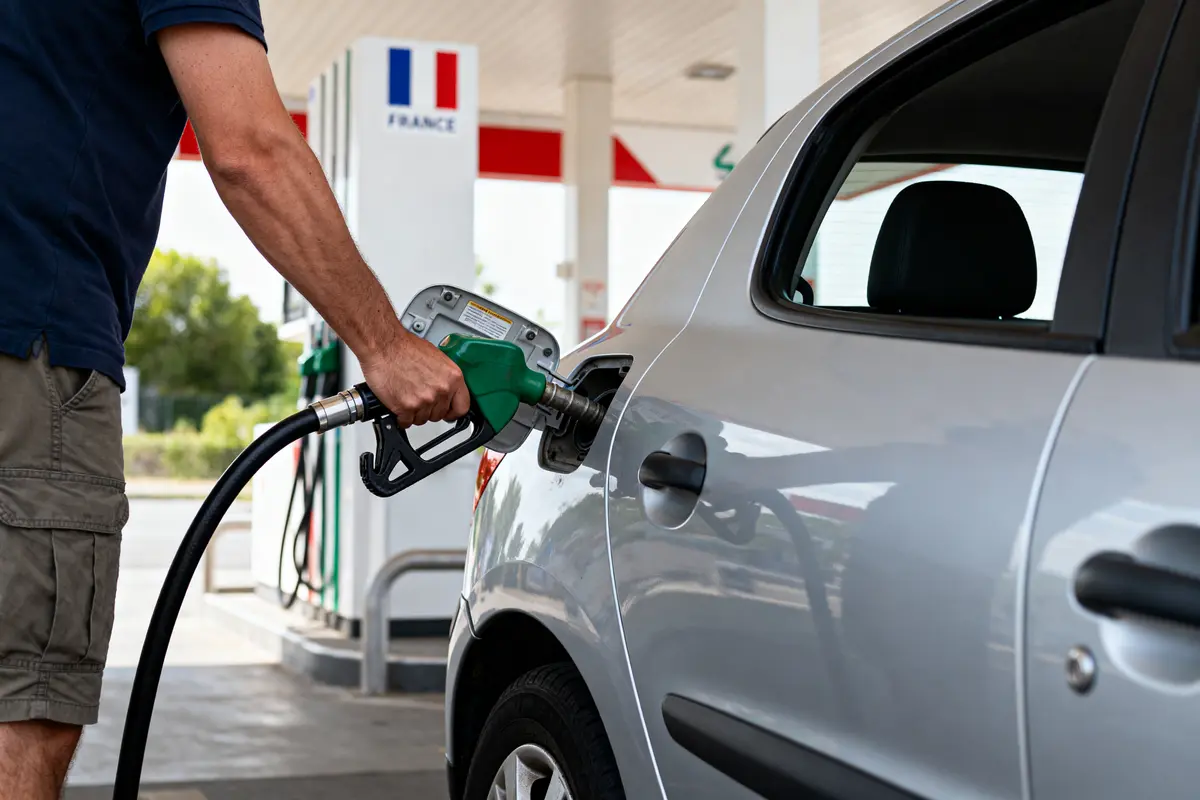 Personne remplissant une voiture grise avec du carburant à une station-service en France.