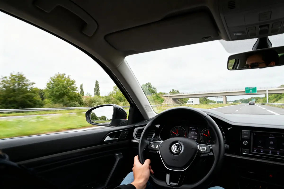 Conduite d'une voiture Volkswagen sur autoroute, vue intérieure, main sur le volant, ciel nuageux.