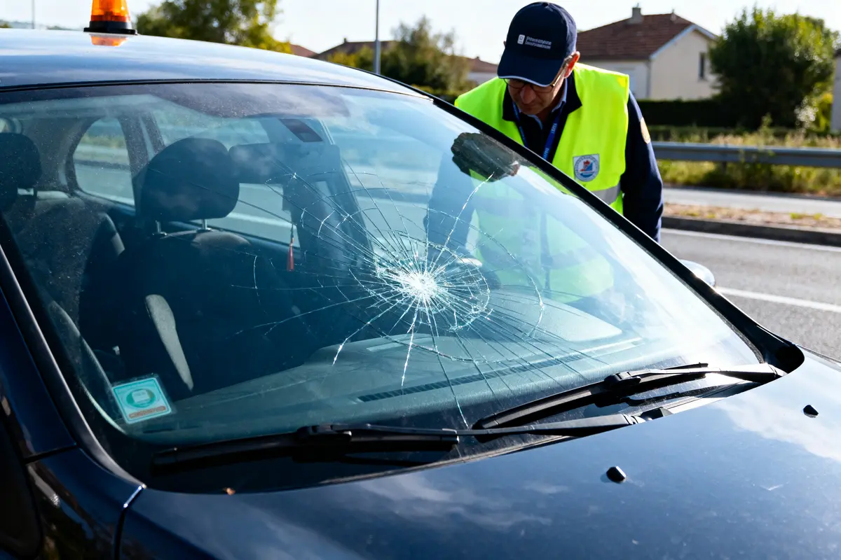 Pare-brise de voiture fissuré avec un inspecteur en gilet jaune examinant les dégâts.