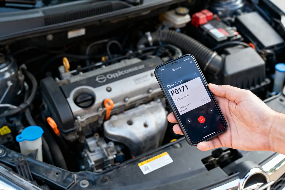 Un téléphone affiche le code d'erreur P0171 près d'un moteur de voiture.