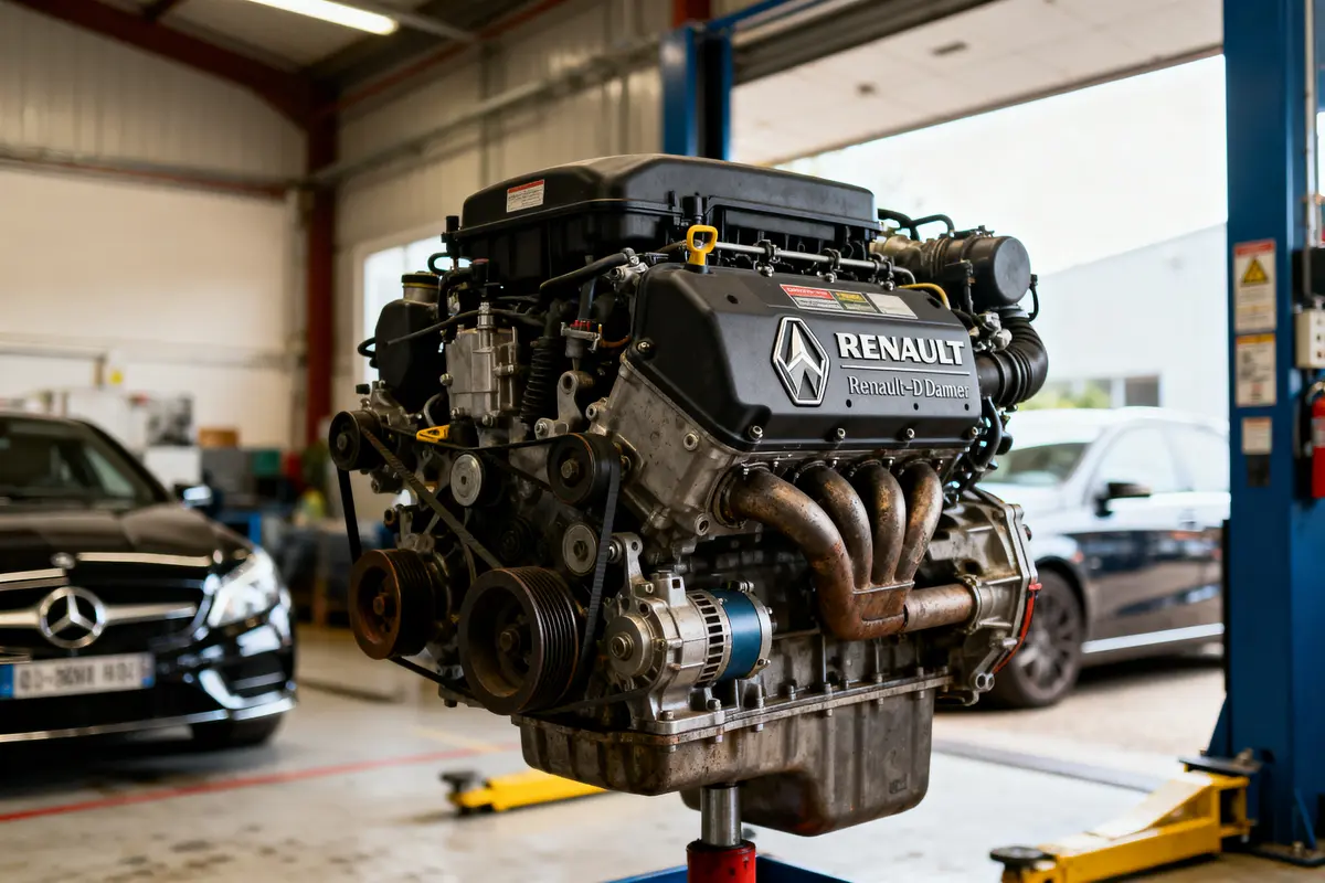 Moteur Renault avec logo, monté dans un garage automobile, voiture noire à l'arrière-plan.