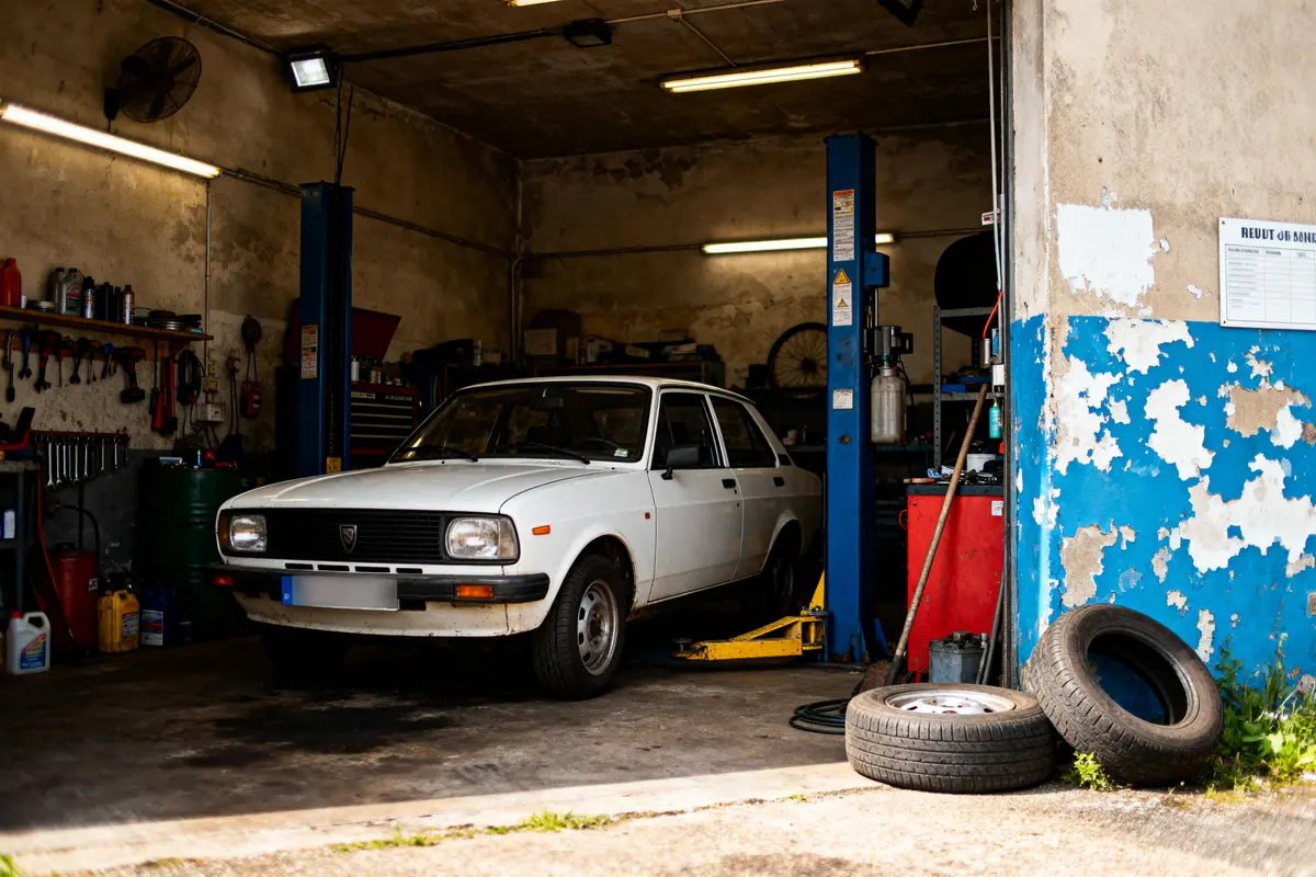 Voiture blanche ancienne dans un garage, entourée d'outils et de pneus, sous un éclairage fluorescent.