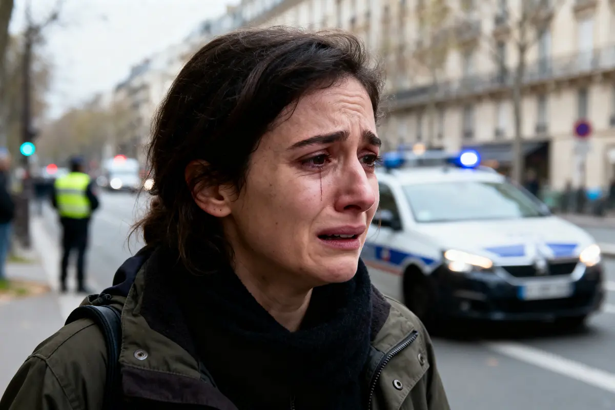 Femme pleurant dans la rue, voiture de police en arrière-plan, ambiance urbaine et hivernale, officier flou.