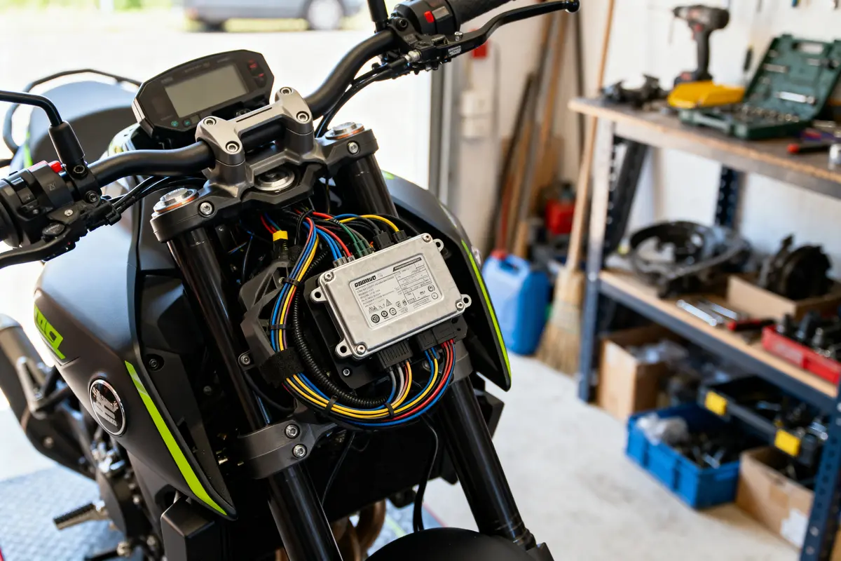Moto avec câblage visible et unité électronique, dans un atelier équipé d’outils et étagères.