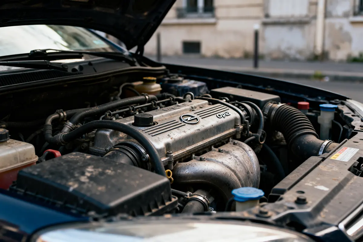 Capot ouvert montrant un moteur Opel dans une voiture, avec un environnement urbain en arrière-plan flou.