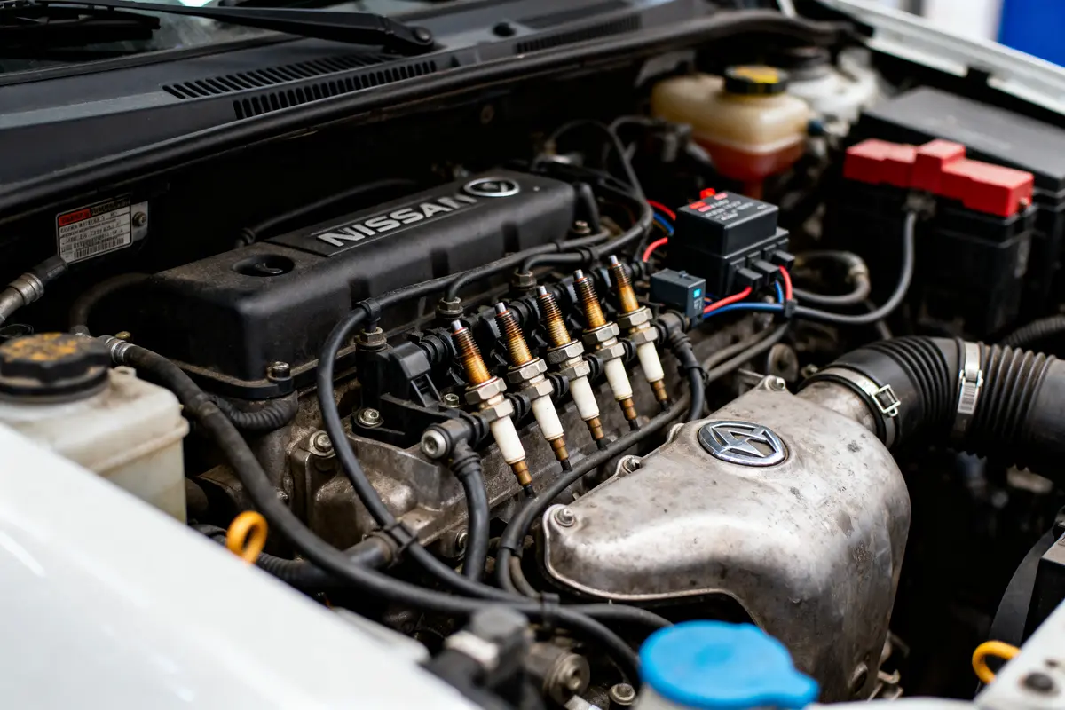 Moteur de voiture Nissan sous le capot, avec câbles et bougies d'allumage visibles.