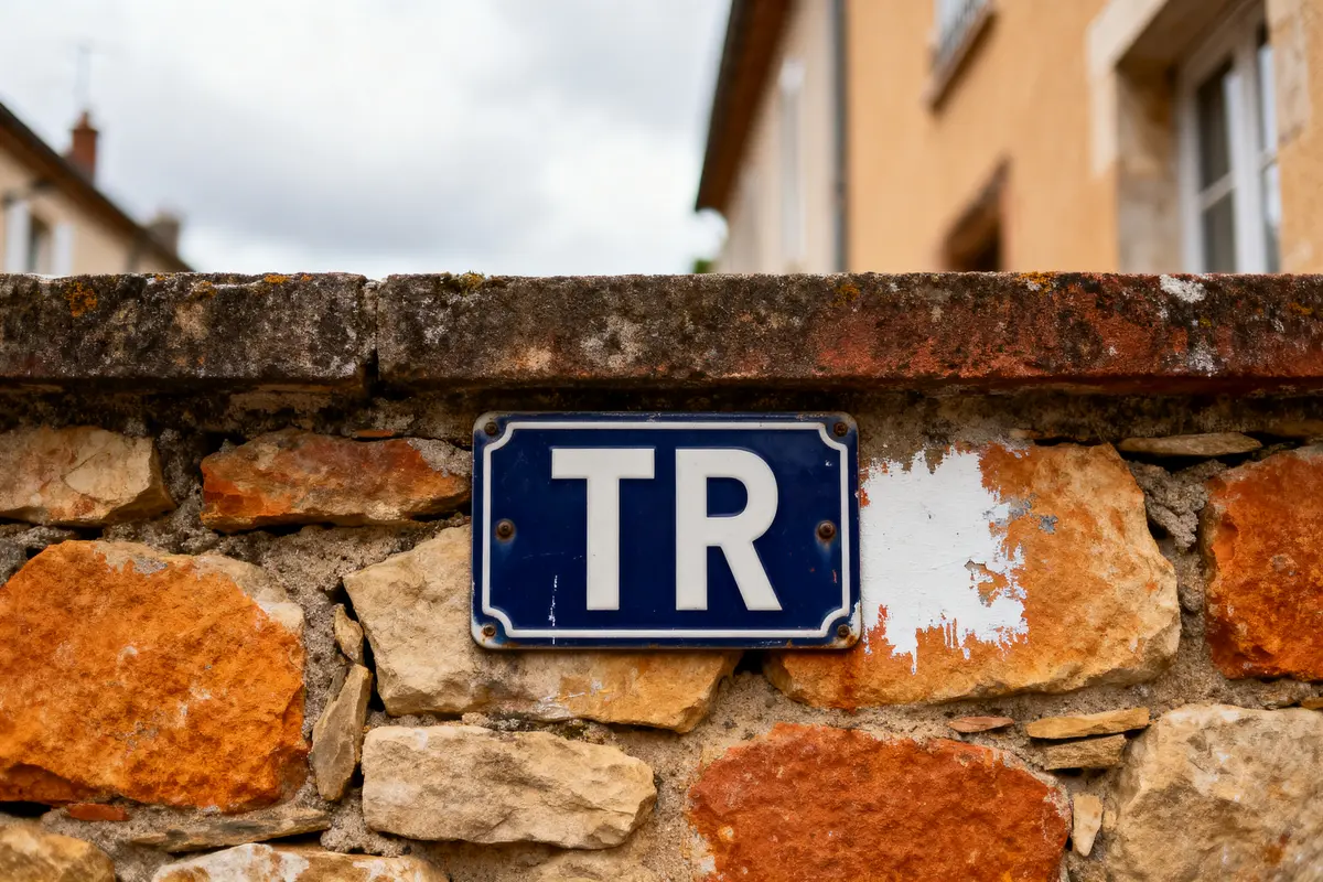 Plaque bleue "TR" sur mur en pierres colorées, maisons floues en arrière-plan, ciel nuageux.