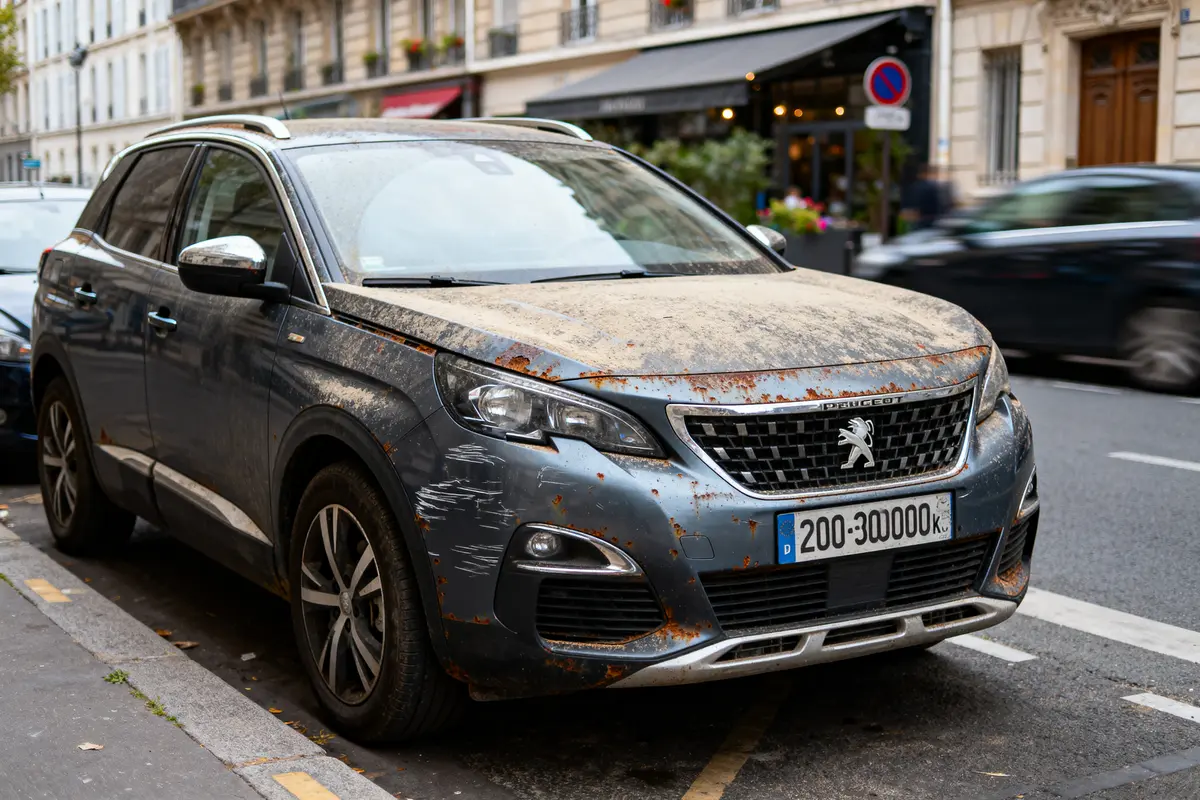 Voiture Peugeot grise usée et rouillée, garée en ville, vue de l'avant droit.