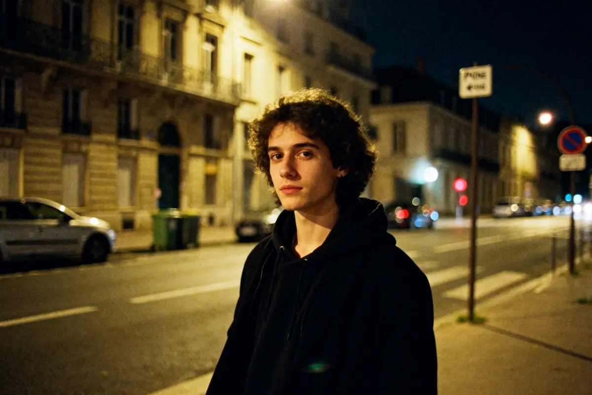 Jeune personne avec un sweat noir dans une rue éclairée la nuit, bâtiments anciens en arrière-plan.