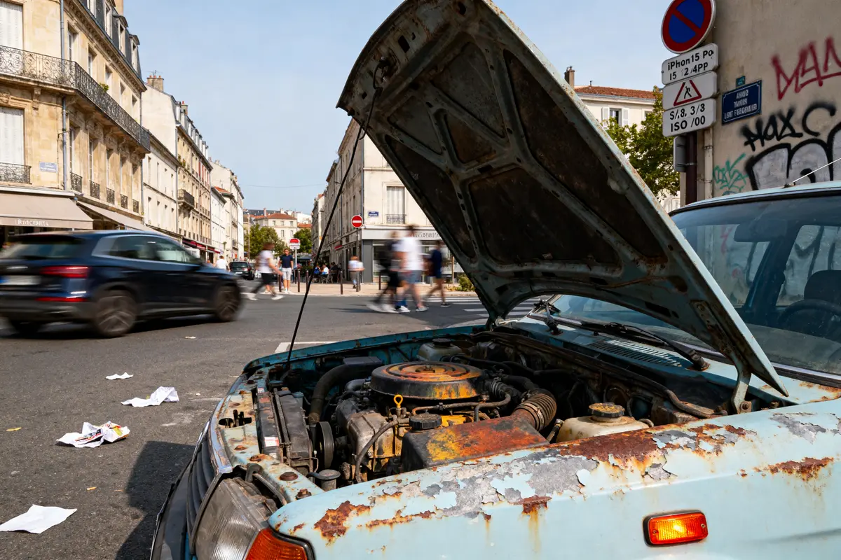 Vieille voiture rouillée capot ouvert en ville, voiture moderne passe rapidement, papiers au sol, graffiti mur.