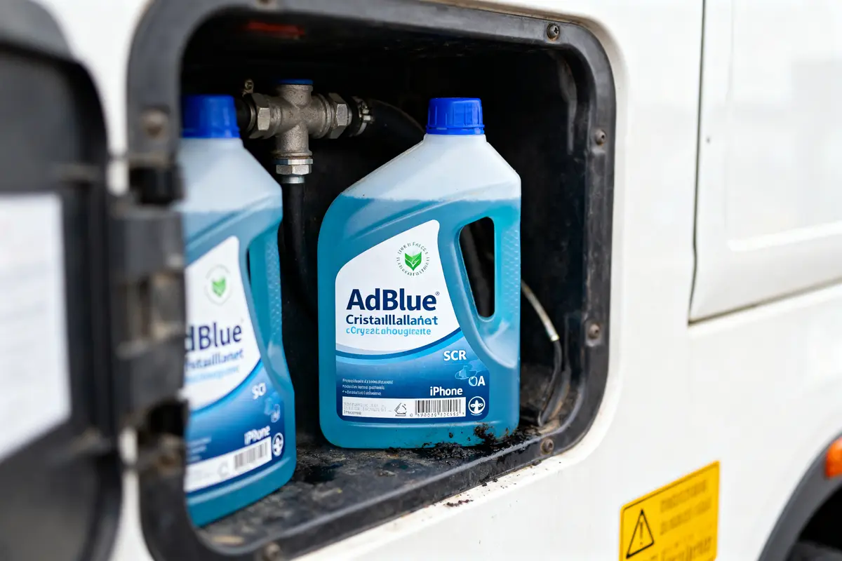 Deux bidons AdBlue dans un compartiment de véhicule blanc, texte en français visible sur les étiquettes.