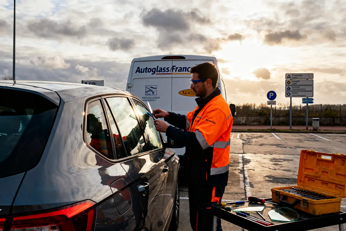 Technicien remplaçant une vitre de voiture près d'un camion Autoglassfrance.fr en extérieur