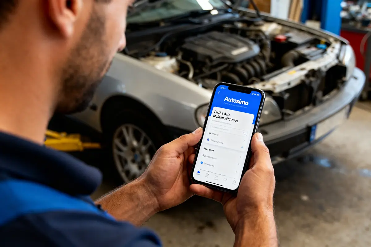 Un mécanicien utilise l'application Autossimo sur mobile devant une voiture en réparation