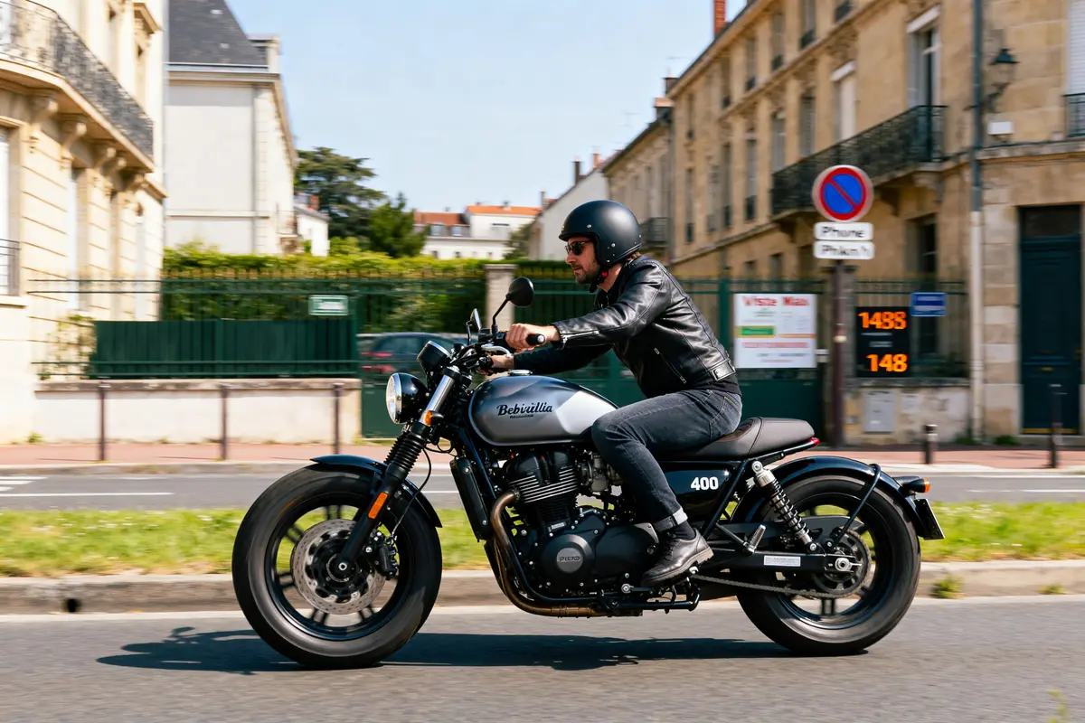 Motard en cuir sur Beverly 400 vitesse max sur route citadine ensoleillée