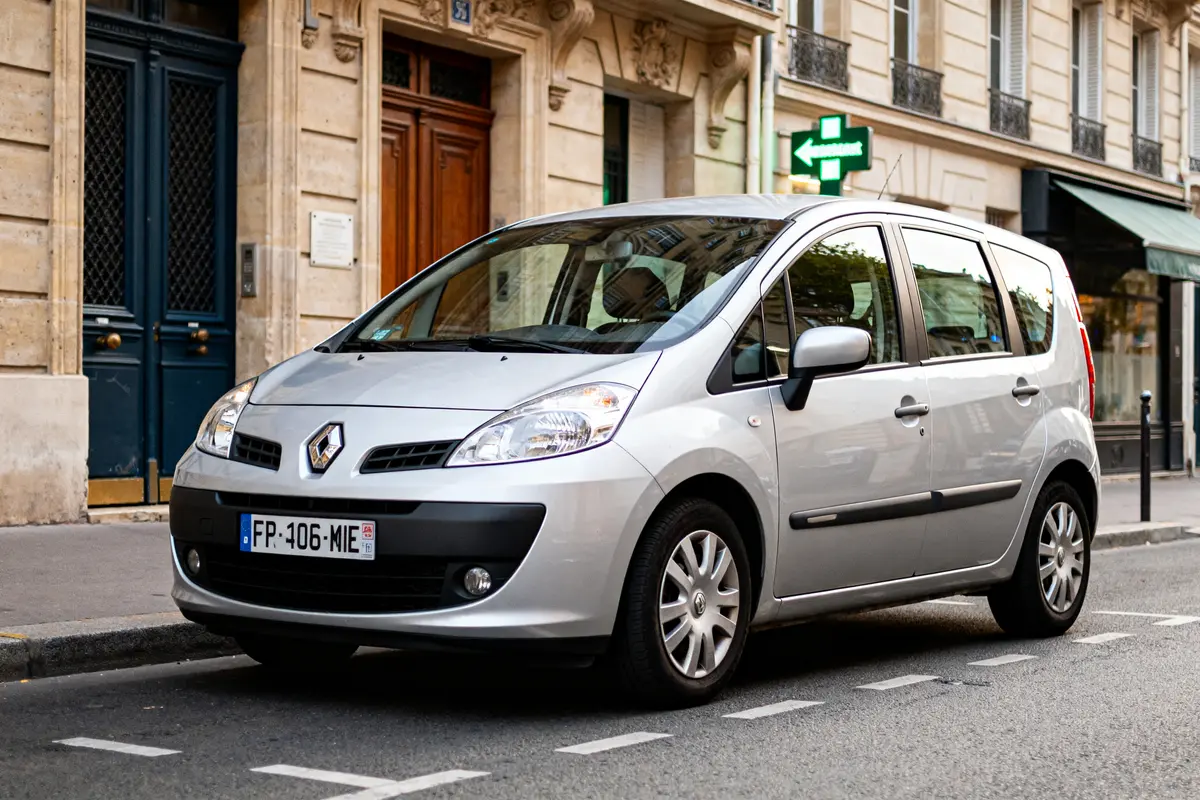 Renault Modus argentée garée en ville devant une façade parisienne élégante