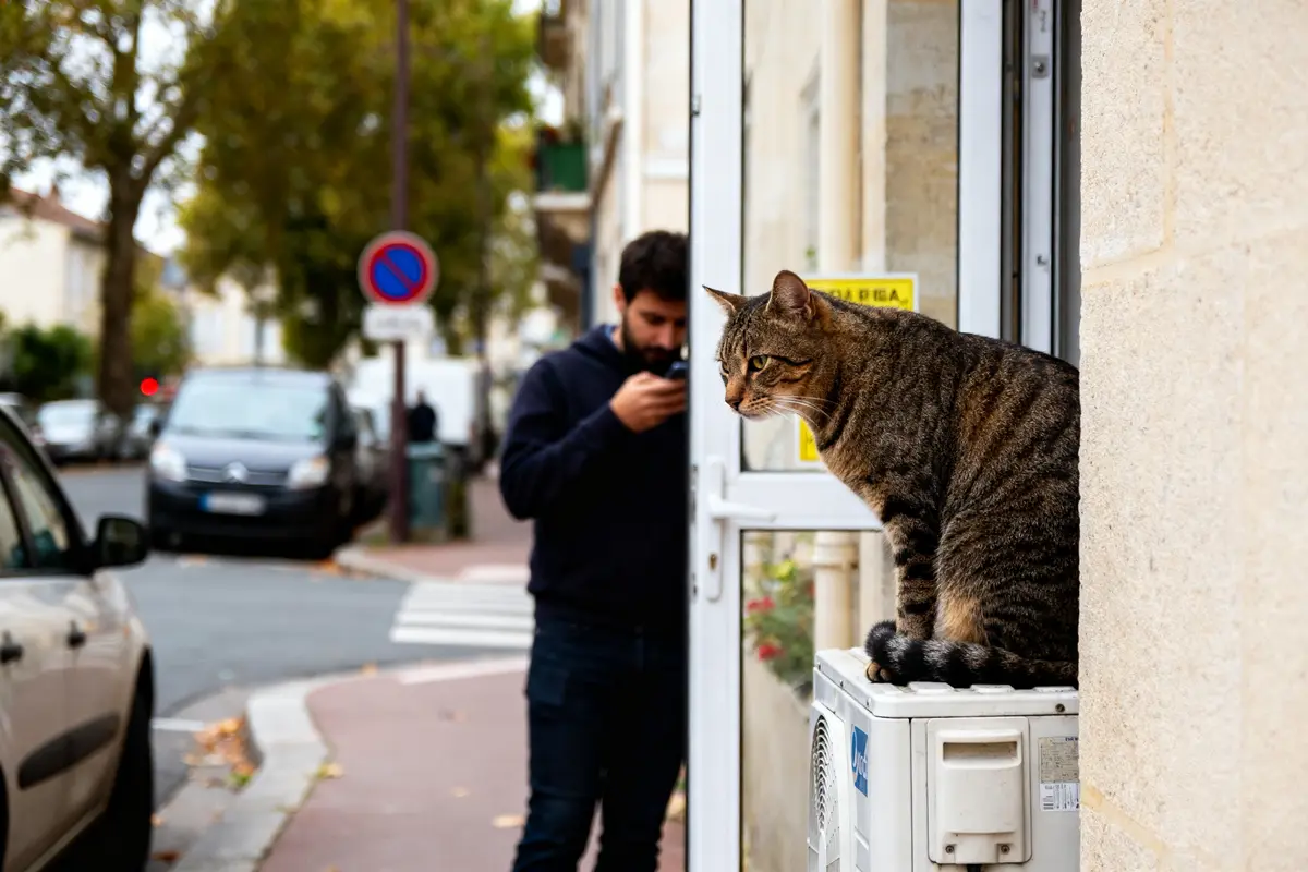 Chat assis sur climatiseur devant un panneau signalant une amende pour un sens interdit