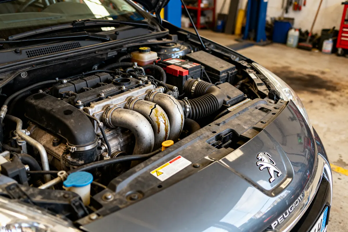 Moteur de 208 avec capot ouvert montrant un défaut moteur sur 208 en atelier